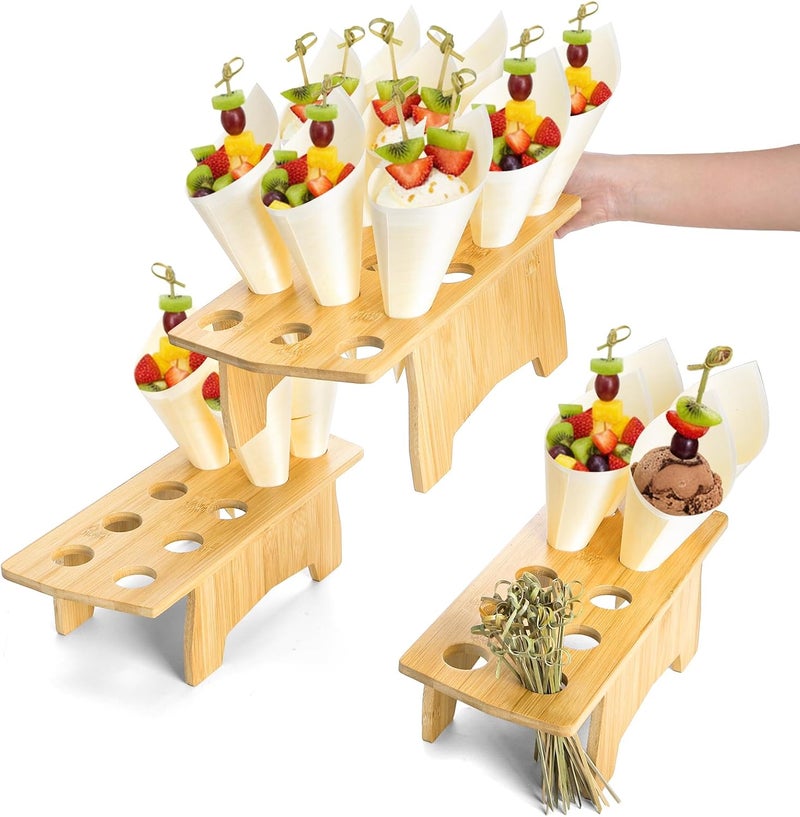 Acshio Wooden Ice Cream Cone Holder Stand, 35 Holes Food Cone Holder for Buffet with 100 Wooden Cones 100 Bamboo Sticks, Disposable Cone Display Stand Snack Tray for Desserts, Charcuterie, Restaurant - Image 3